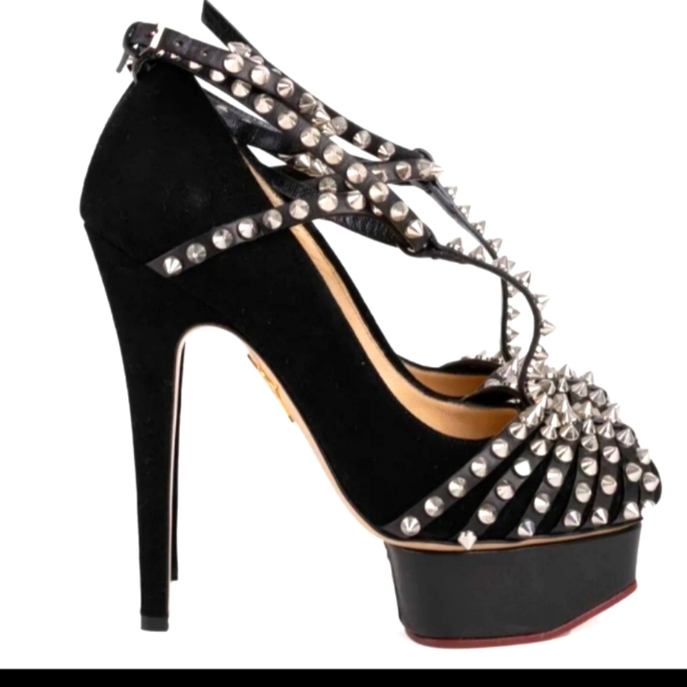 Charlotte Olympia Authentic Suede Angry Portia Platform Pumps Studded, Size 38.5